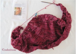 wine red lace shawl on needles